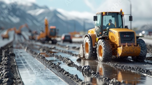 A photorealistic image of a busy road construction site.