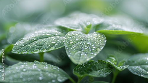 Close-up of holy basil leaves with dew, vibrant green and textured.