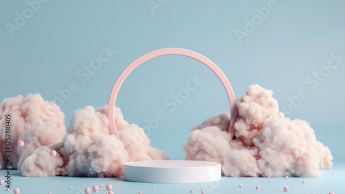 Calming 3D setting with a blue cloud background, white podium, abstract pastel sky, and minimalist stage.