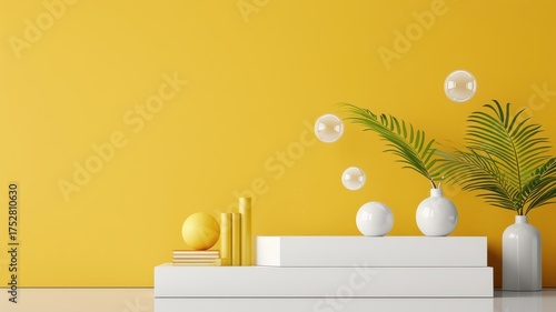 Abstract stage featuring a yellow geometric podium, minimal design with a 3D circle background and rainbow colors.