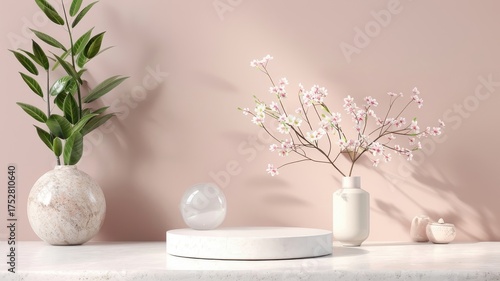 3D podium with pastel background, minimalist product display stand, soft pink and cream.