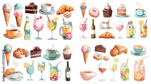 Delicious watercolor illustration of desserts, drinks, and pastries including ice cream, cake, coffee, and wine. Ideal for cafe, menu, or food design projects.