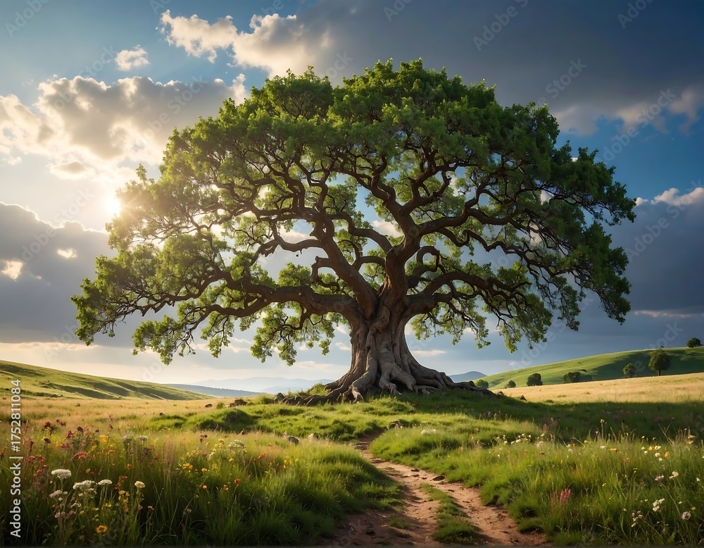 Fototapeta premium A majestic, ancient tree stands prominently in a sunlit grassy field with a winding path