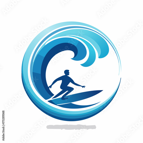 Silhouette Surfer Riding Wave in Blue Circle Logo.