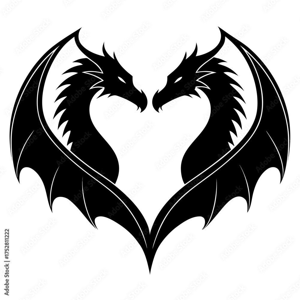 Obraz premium Realistic silhouette of two dragons facing each other forming a heart shape with wings spread, black fill, white background, no text, clean symmetrical design.