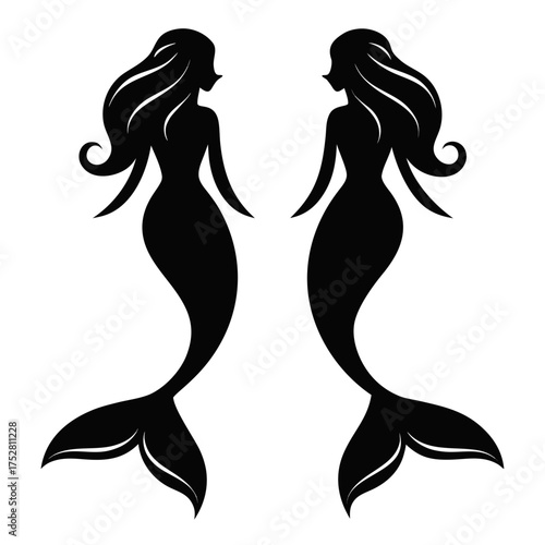 Realistic silhouette of two mermaids facing each other in symmetry, black fill, white background, clean balance