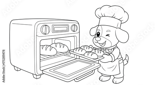 A cute cartoon dog chef is taking freshly baked bread out of a hot oven wearing a chef's hat and apron.