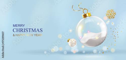 Christmas 3d glass ball with snow inside. Christmas ornaments decorations transparent empty ball on golden ribbon, gold glitter confetti, bokeh lights. Realistic Vector illustration