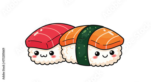Two adorable kawaii sushi nigiri with tuna and salmon toppings smiling happily.