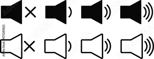 Set of 8 sound off icons, audio mute and volume control symbols collection vector illustration on white background