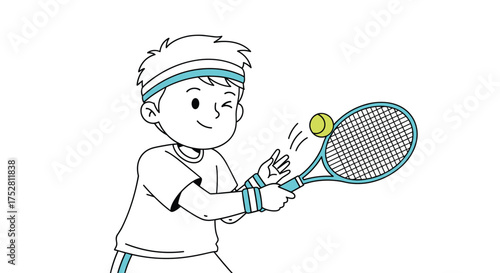A young boy wearing a headband and wristbands plays tennis hitting a ball with his racket on a white background.