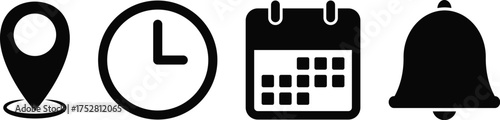 Set of 5 flat icons for time, date, and address, calendar, clock, and schedule reminder symbols vector illustration on white background