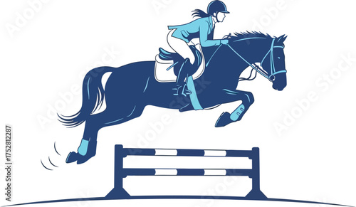 Skilled equestrian rider and horse gracefully jumping over an obstacle during a competition.