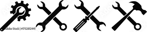 Tools and service icon set, wrench, hammer, and screwdriver symbols for maintenance, repair, and technical settings vector illustration on white background