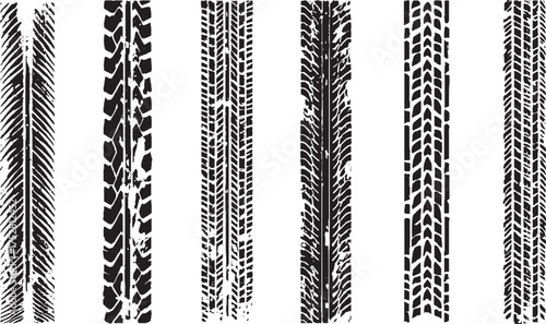 Horizontal black grunge tire track design on white background for off road and automotive themes
