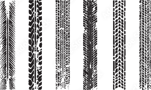 Black tire track silhouette set with off road vehicle marks and rugged texture background design
