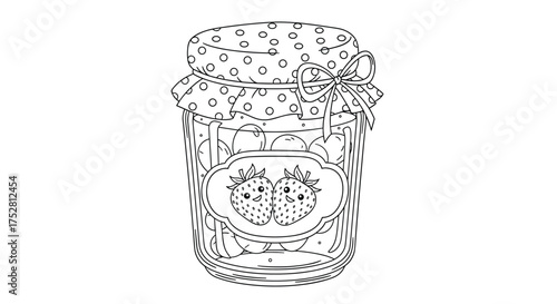 A jar of strawberry jam with a decorative lid tied with a ribbon and a patterned fabric.