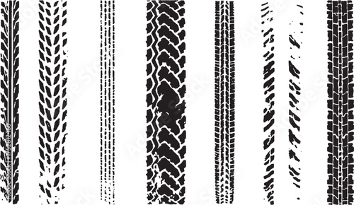 Grunge tire track vector set with rugged wheel tread patterns for car and transport design concepts