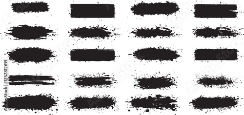 Black dried paint splatter set with ink brush strokes and graffiti stencil texture for artistic design