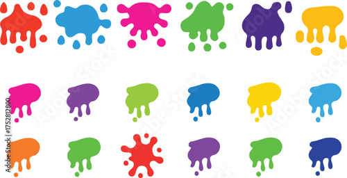 Playful colorful paint splatter and ink blot set with organic splash shapes for kids art design