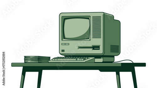 Retro Green Computer Vintage Technology Desk Illustration
