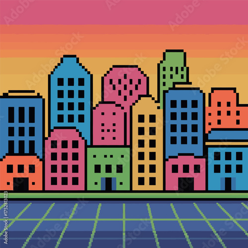 Pixel Art Cityscape Retro Neon Skyline Illustration
