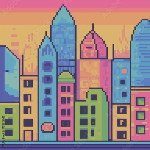 Pixel Art Cityscape Retro Neon Skyline Illustration
