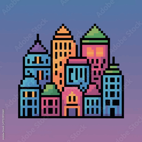 Pixel Art Cityscape Retro Neon Skyline Illustration