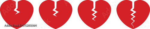 Set of red broken heart icons, cracked heart symbols vector illustration on white background