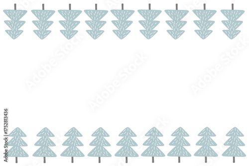 Horizontal holiday frame with cute cartoon Christmas trees on top and bottom of  frame. Greeting card, banner. Christmas, New Year. Gray, white and brown colors. Flat vector design.