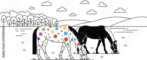 Whimsical spotted horse grazing peacefully in a stylized pastoral landscape with a dark companion.