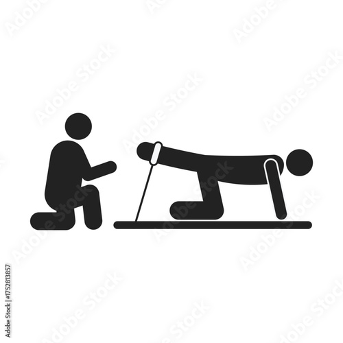 Isolated silhouette stick figure illustration of a physiotherapy patient being trained by a guide For education, advertising and pamphlets themed on health and hospital care icons.
