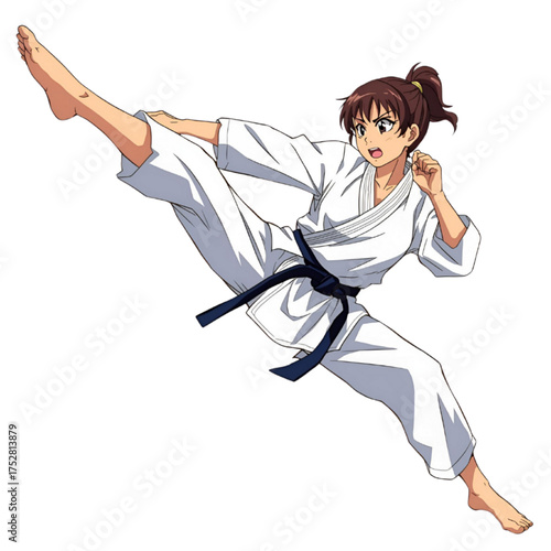 Anime Female Karate Fighter Kicking in Mid-Air, Black Belt Martial Artist, Dynamic Combat Pose