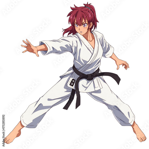 Anime Female Karate Fighter Kicking in Mid-Air, Black Belt Martial Artist, Dynamic  Pose