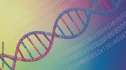 Colorful abstract DNA strands blend with binary code on a vibrant gradient background