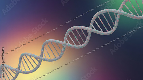 Colorful abstract DNA strands blend with binary code on a vibrant gradient background
