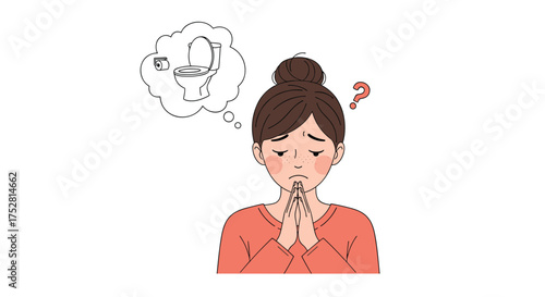 A young woman is deeply thinking about a difficult problem with a chemical formula in her thought bubble.