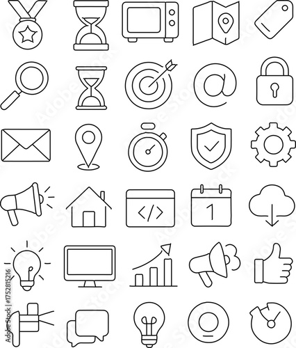 A curated collection of versatile minimalist vector icons designed for web design and interface concepts, each line art element ready to enhance your project. 