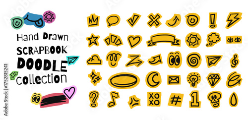 Playful hand drawn scrapbook doodle set. Cute cutout elements for collage collection.