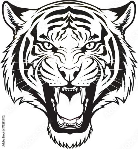 Fierce tiger head illustration with bared teeth and intense gaze, symbolizing power and wild nature.