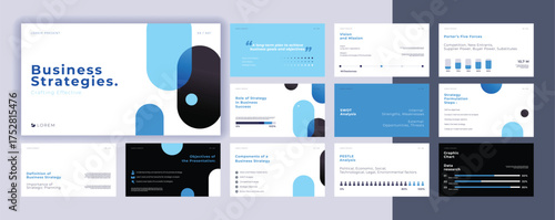 Abstract powerpoint presentation templates set, blue color identity presentation background, banner template, brochure, landing page, company profile, business design package set, vector illustration.