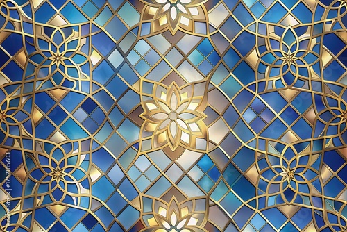 Intricate Golden Latticework Within a Blue and Beige Stained Glass Panel Design Featuring Repeating Floral Motifs