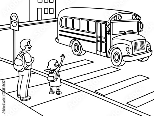 A cartoon-style school bus stopped at a crosswalk with a child waving goodbye to a parent. The bus is in profile on the right side of the image, outlined simply in thick black lines for easy coloring.