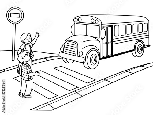 A cartoon-style school bus stopped at a crosswalk with a child waving goodbye to a parent. The bus is in profile on the right side of the image, outlined simply in thick black lines for easy coloring.