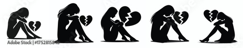 vector silhouette of a woman crying over a broken heart