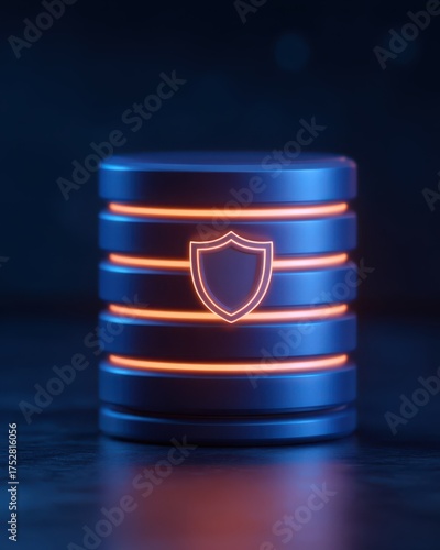Futuristic data loss protection concept with glowing database stack and shield icon, representing secure digital storage, cybersecurity, and protected information infrastructure.