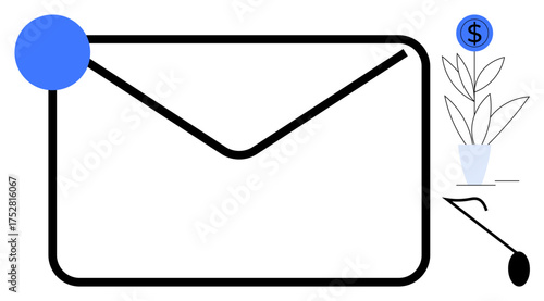 Large envelope with blue notification dot and plant in pot with dollar symbol. Ideal for messaging, email marketing, business communication, notifications, financial growth, investment