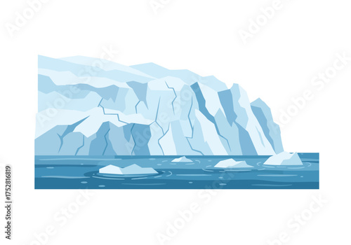 Arctic Iceberg Landscape with Floating Ice Floes in Blue Water.