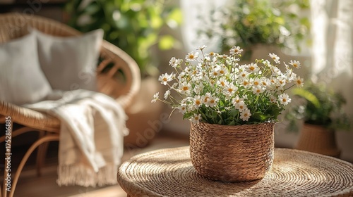 Cozy indoor setting with a potted plant on a wicker table and a blurred background of a chair and natural light.
