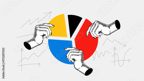 Trendy collage of sketch hands with colorful pie chart segments. Collaboration, business, market analysis, strategy planning, finance presentation concept. Hand drawn vector illustration.